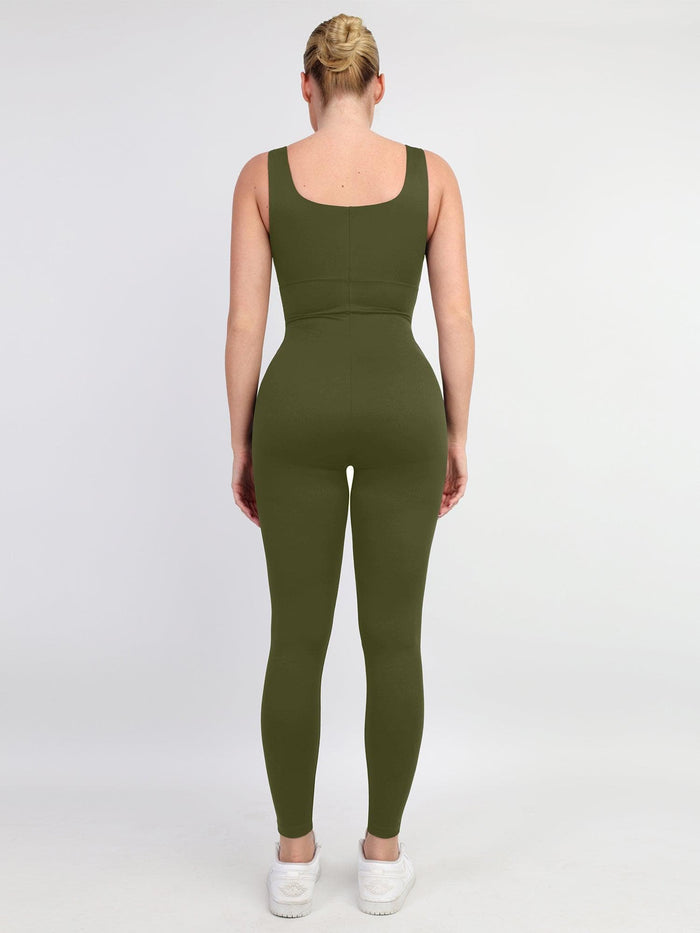 Back view: Olive green built-in shapewear workout jumpsuit, square neck, thigh slimming.