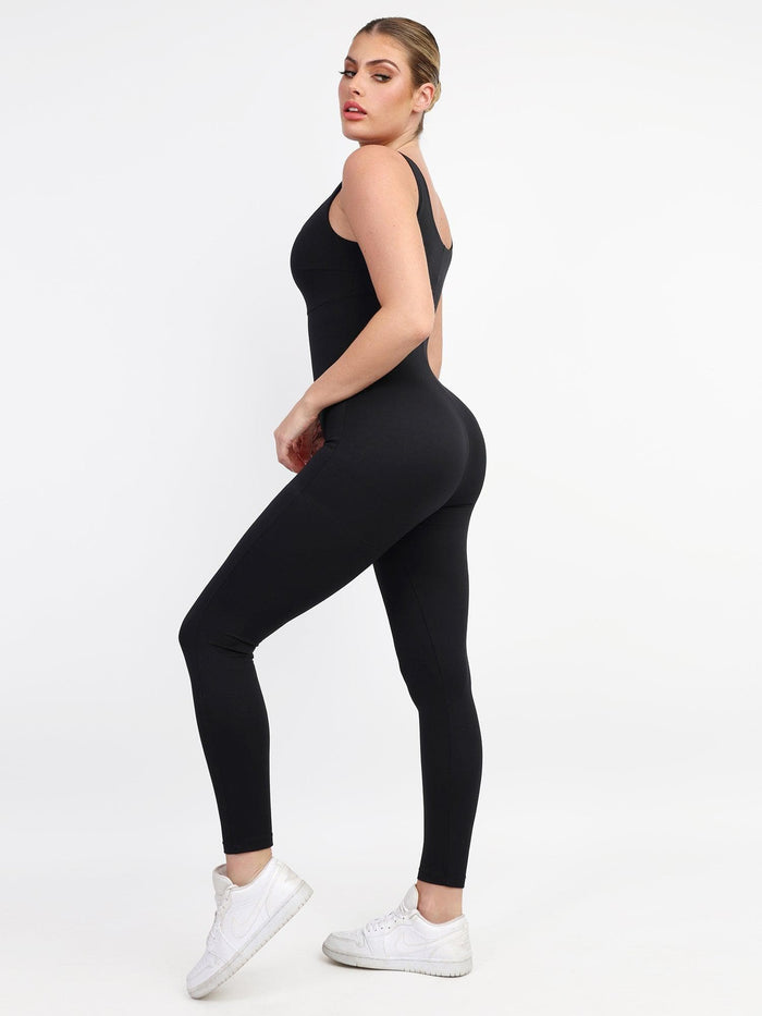 Black jumpsuit from Popilush®, features thigh slimming and workout-ready