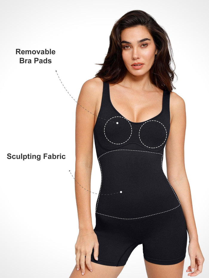 Black Popilush® romper, showing sculpting fabric and removable bra pads.