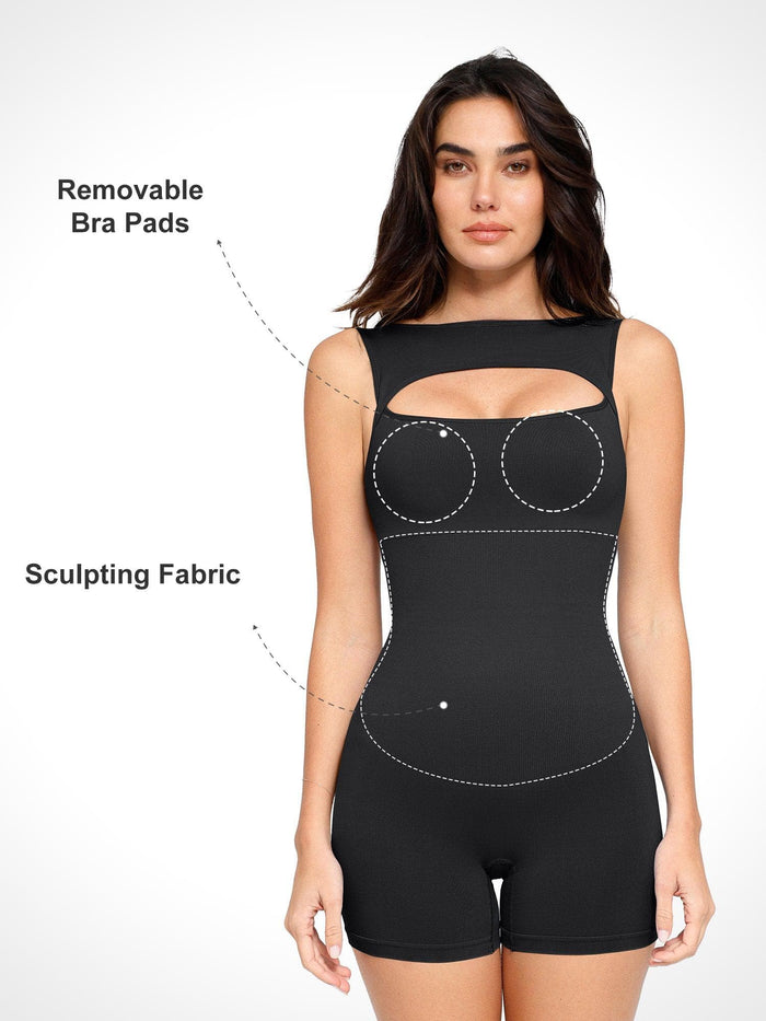 Cut-out romper with built-in chest support, sculpting fabric by Popilush®
