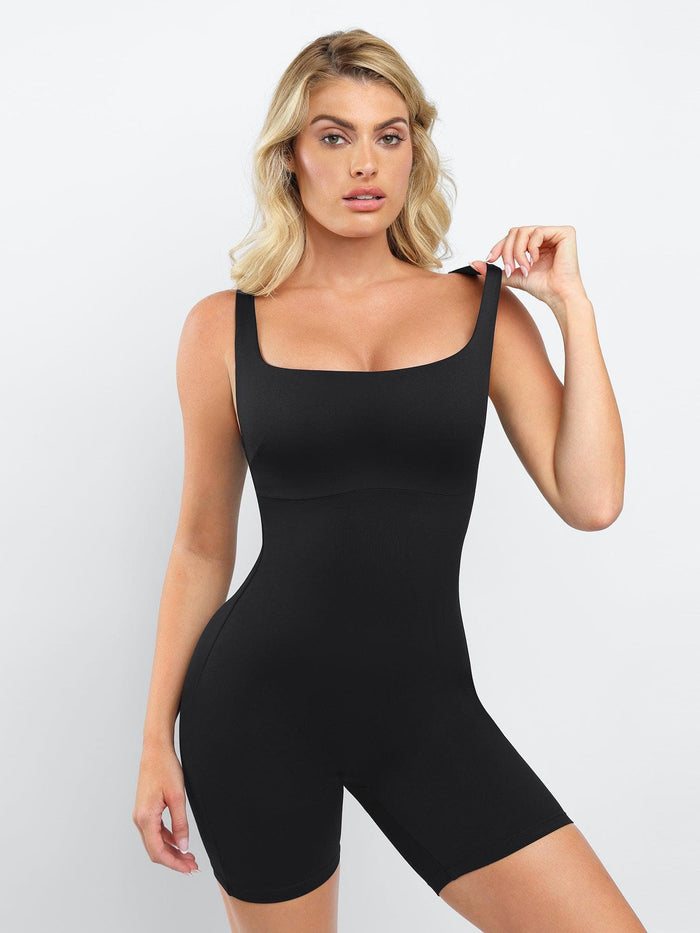 Popilush® square neck shapewear romper, slimming workout attire, shows great figure