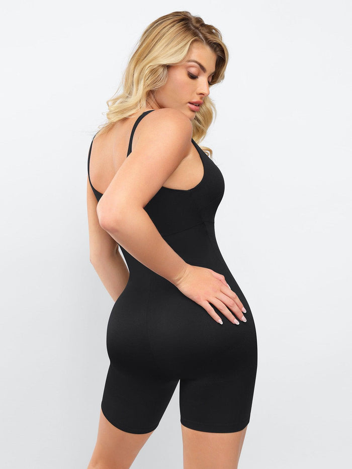 Popilush® black shapewear jumpsuit, square neck design, slimming mid-thigh romper.
