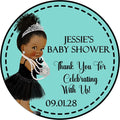 Tiffany blue baby shower sticker with brown skin baby girl in black dress