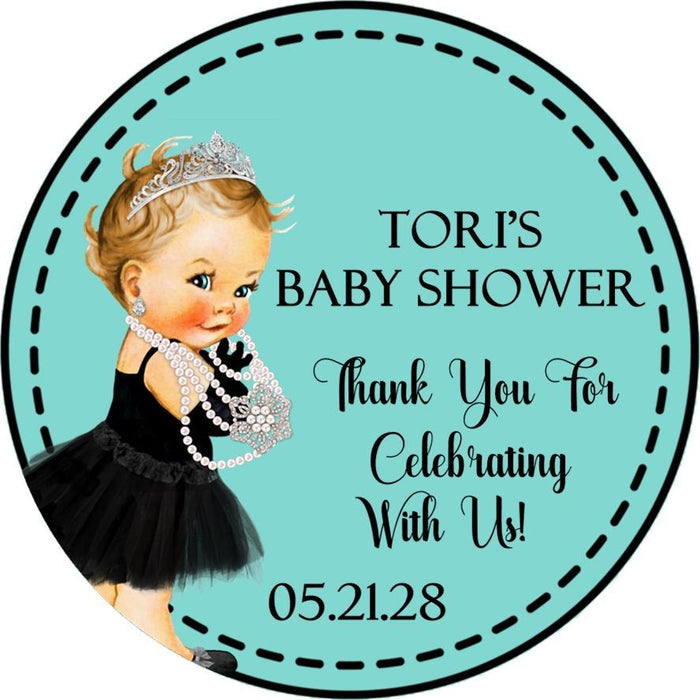 Personalized black dress baby shower sticker featuring pearls and tiara