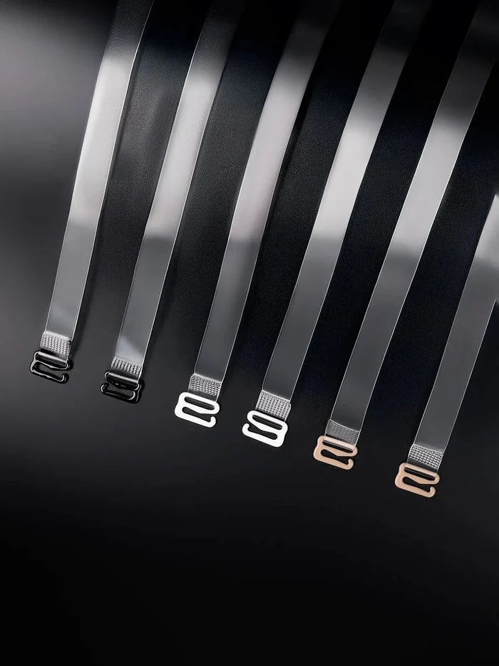 Transparent adjustable bra straps crafted from TPU, showcasing clear bands and hooks in black, silver, and rose gold.