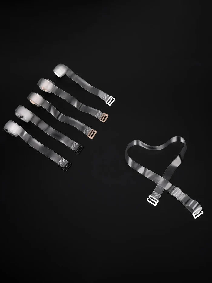 Discreet transparent adjustable TPU bra straps with hook closures.