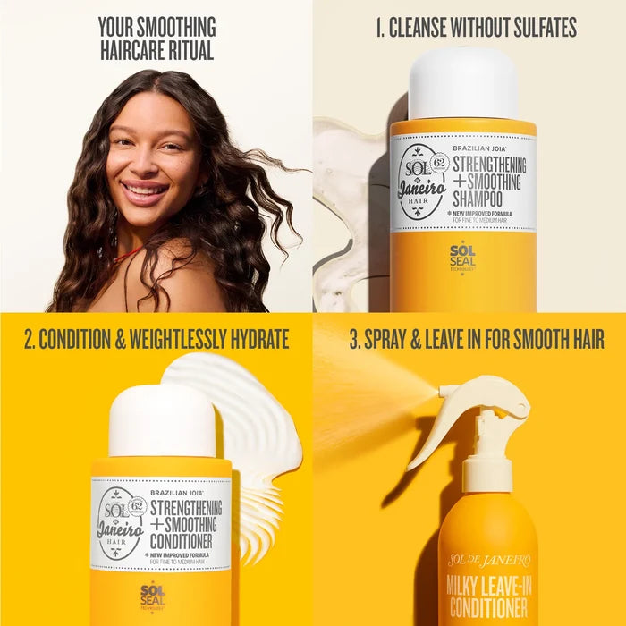 Hair care product set with a woman and hair products on a yellow background