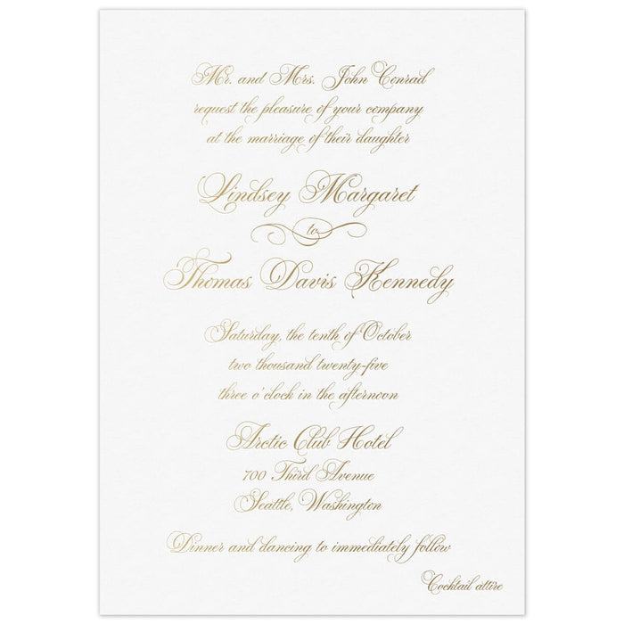 White invitation with gold script copy, centered on the page.