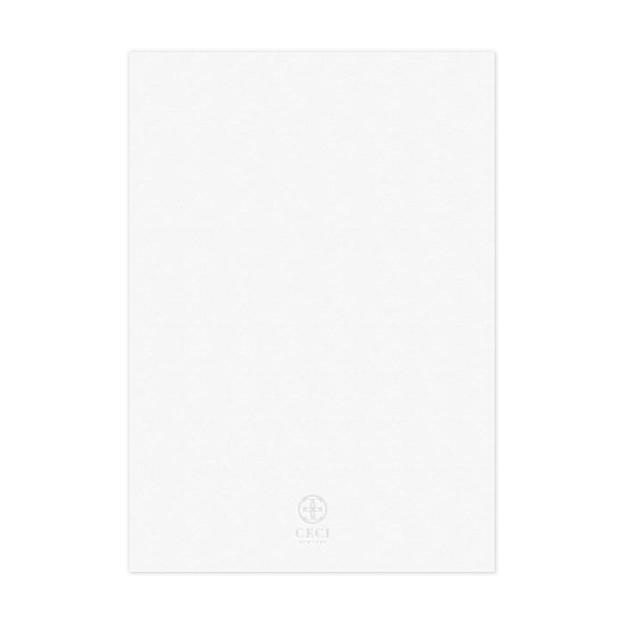 White blank back of a invitation with a gray Ceci New York circle logo at the bottom.