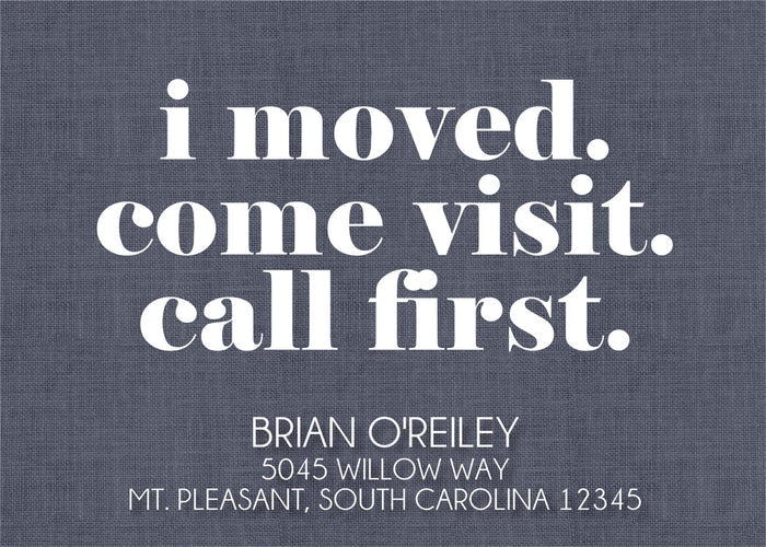 Modern moving announcement card with bold white typography