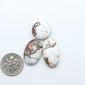 Wild Horse Magnesite cabochons, white gemstones with brown matrix on a white background, with a US dime for scale