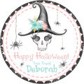 round halloween sticker showing skull wearing witch hat with pastel flowers